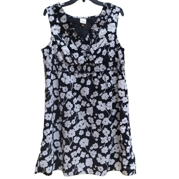Sonoma Dress Womens Size XL Black White Floral Sundress Mid Sleeveless  Cotton
